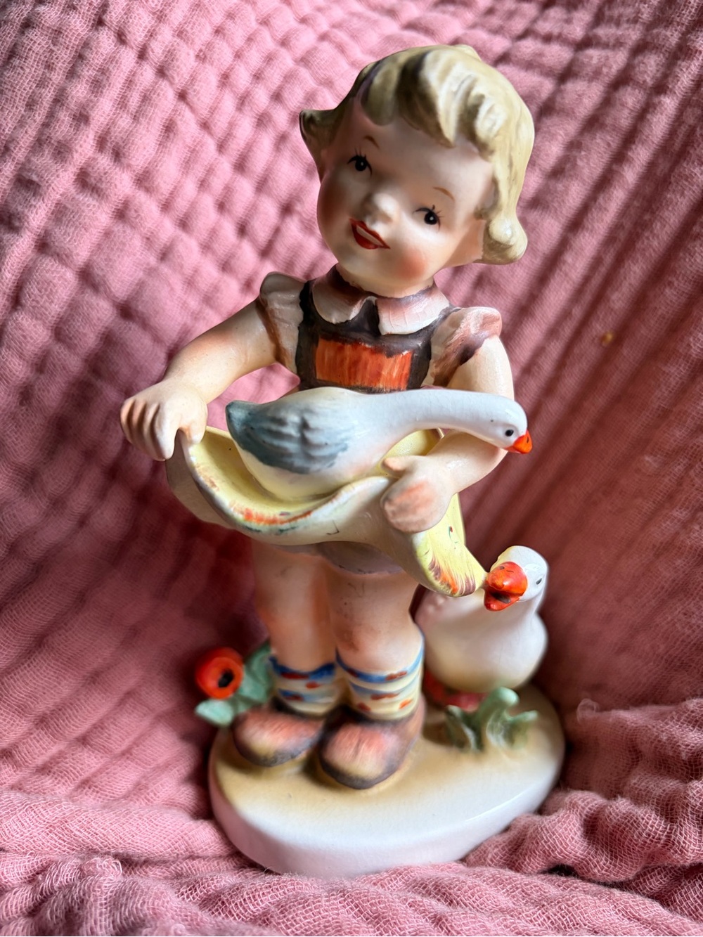 Hand-Painted Porcelain Girl Figurine #1110 with geese.  Germany.